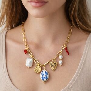 Chunky Gold Charm Necklace Stainless Steel Baroque Pearl Chili Pepper Hearts